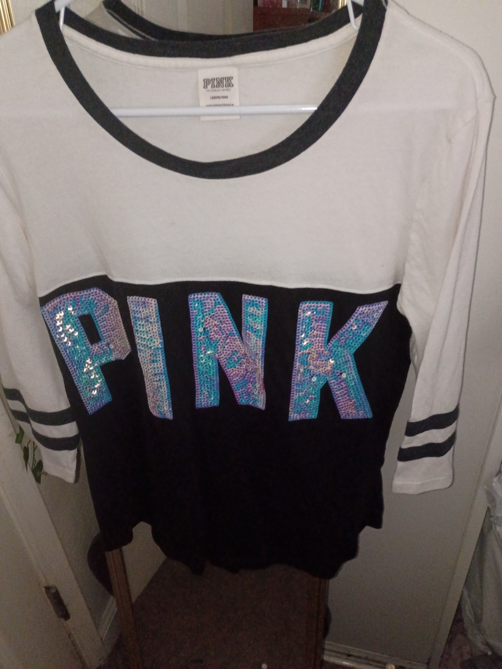 PINK Victoria's Secret Black & White Sequin Logo Long Sleeve Tee